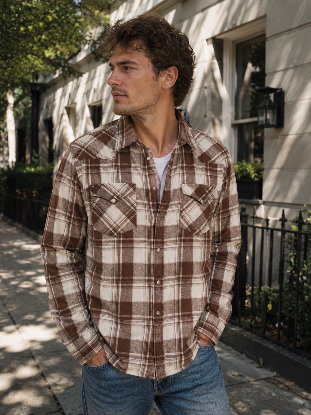 Men's Plaid Button-Down Shirt in Brown and Cream | B1